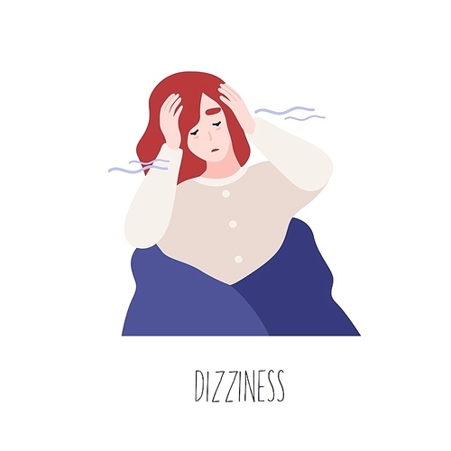 Portrait of cute young woman feeling dizziness. Unhappy girl experiencing vertigo. Lady suffering from symptom of common cold, viral infectious disease. Flat cartoon colorful vector illustration