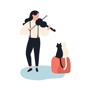 Cute girl playing violin for her cats. Funny adorable female musician and kittens isolated on white . Musical performance for domestic animals. Flat cartoon colorful vector illustration