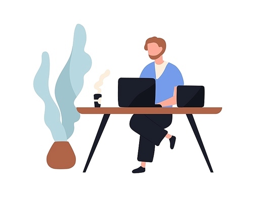 Adorable man sitting at desk and working on laptop computer. Cute young male employee, creative freelance worker or writer at workplace. Work routine. Flat cartoon colorful vector illustration