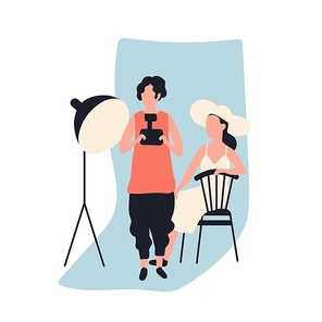 Professional female photographer holding photo camera and model at photographic studio full of photography equipment. Cute young woman and her creative hobby. Flat cartoon vector illustration