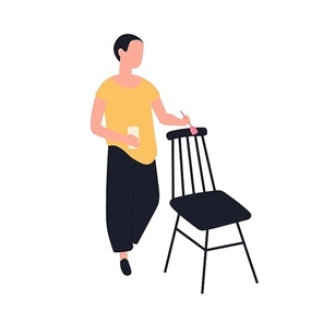 Cute adorable woman painting wooden chair. Female furniture handicraft worker enjoying her hobby. Young funny creative girl doing handcraft work. Flat modern cartoon colorful vector illustration