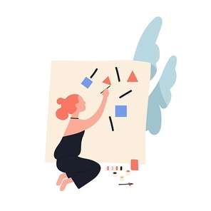 Adorable cute readhead woman painting abstract geometric shapes on canvas. Female contemporary artist creating picture. Young funny creative girl doing art. Flat modern cartoon vector illustration