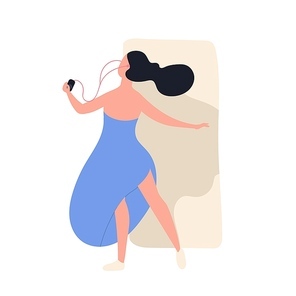 Pretty funny girl in dress listening to music and dancing. Cute young woman with audio player and earphones enjoying her hobby. Leisure or recreational activity. Flat cartoon vector illustration