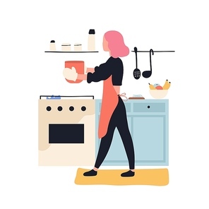 Adorable woman cooking in kitchen. Cute young girl preparing meals at home. Female cartoon character making lunch or dinner. Pastime activity or culinary hobby. Flat colorful vector illustration