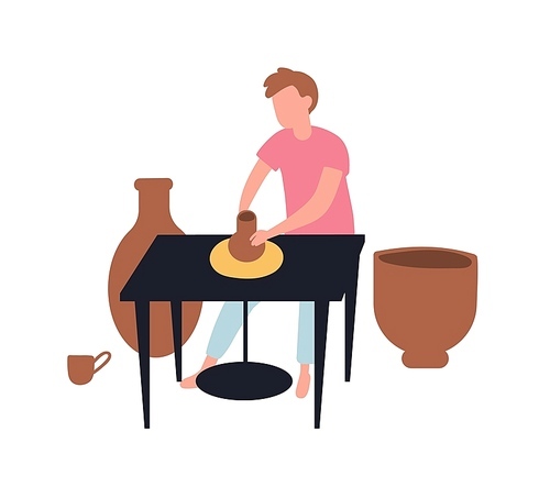 Young man making pots with clay. Pottery and ceramics. Cute funny man and his pastime activity or creative hobby. Handiwork, handicraft or craftsmanship. Flat cartoon colorful vector illustration