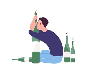 Unhappy man sitting on floor and hugging bottle.Young guy with alcohol addiction isolated on white . Alcoholic, dipsomaniac, boozer or drinker. Flat cartoon colorful vector illustration