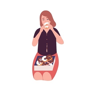 Sad young woman eating donuts. Concept of binge eating disorder, food addiction, overeating. Mental illness, behavioral problem, psychiatric condition. Flat cartoon colorful vector illustration