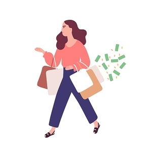 Funny woman carrying bags with purchases. Concept of shopping addiction, shopaholic behavior. Mental illness, behavioral problem, psychiatric condition. Flat cartoon colorful vector illustration