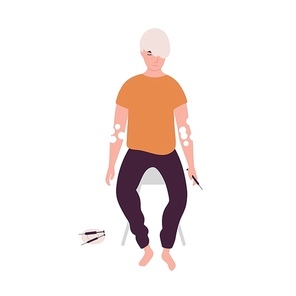 Unhappy man with syringe using heroin isolated on white . Young guy with opioid use disorder. Sad boy suffering from drug addiction problem. Flat cartoon colorful vector illustration
