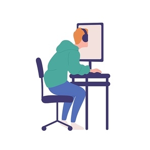 Young man sitting at computer isolated on white . Boy with online gaming obsession, internet addiction. Behavioral problem, psychiatric condition. Flat cartoon colorful vector illustration