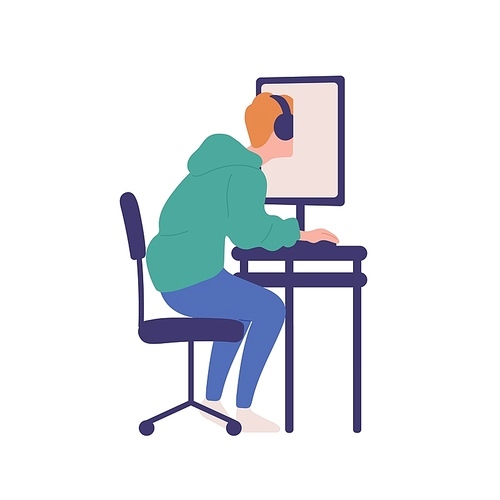 Young man sitting at computer isolated on white . Boy with online gaming obsession, internet addiction. Behavioral problem, psychiatric condition. Flat cartoon colorful vector illustration