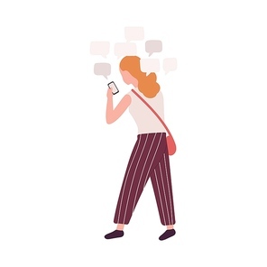 Woman using smartphone isolated on white . Girl with social media obsession, online messenger addiction. Behavioral problem, psychiatric condition. Flat cartoon colorful vector illustration