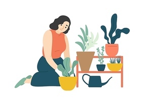 Funny happy girl taking care of houseplants growing in planters. Young cute woman cultivating potted plants at home. Female character enjoying her hobby. Flat cartoon colorful vector illustration