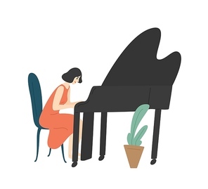Young woman playing grand piano. Female pianist, musician or composer isolated on white . Happy girl enjoying her hobby. Music performance or concert. Flat cartoon vector illustration
