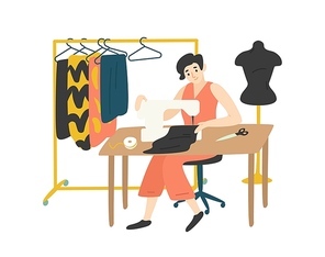 Cute lovely girl sitting at desk with sewing machine and enjoying her hobby. Fashion designer, needlewoman or seamstress working at home. Adorable female character. Flat cartoon vector illustration