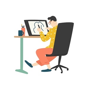 Funny young man sitting at desk and drawing on graphic tablet. Digital designer, illustrator or freelancer working at home. Cute guy enjoying his hobby. Flat cartoon colorful vector illustration