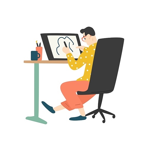 Funny young man sitting at desk and drawing on graphic tablet. Digital designer, illustrator or freelancer working at home. Cute guy enjoying his hobby. Flat cartoon colorful vector illustration