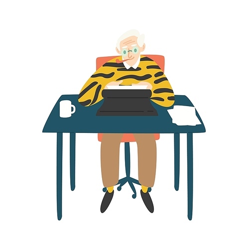 Cute elderly writer, critic or novelist siting at desk, smoking pipe and working on typewriter. Author writing book. Funny old man enjoying his hobby. Flat cartoon colorful vector illustration