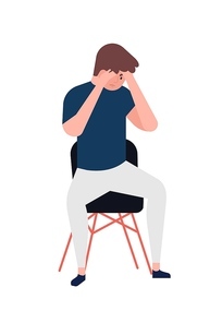 Unhappy young man sitting on chair. Depressed boy. Male character in depression, sorrow, sadness, distress, trouble. Mental disorder, illness, psychological problem. Flat cartoon vector illustration