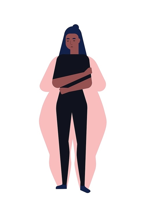Sad young woman suffering from anorexia nervosa. Female character with low body mass index or underweight. Eating disorder, illness, psychological problem. Flat cartoon colorful vector illustration