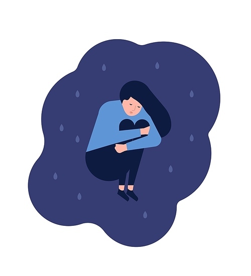 Miserable lonely young woman sitting on floor. Depressed, unhappy or upset girl. Female character in trouble, depression, sorrow, sadness. Mental disorder or illness. Flat cartoon vector illustration