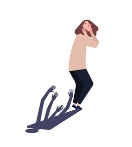 Young woman scared of her shadow. Lady suffering from persecutory delusion, phobia, fear of past, paranoid or delusional disorder. Psychiatric diagnosis. Flat cartoon colorful vector illustration