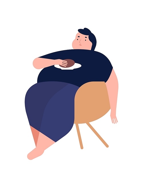Obese young man. Fat boy sitting on chair. Concept of obesity, binge eating disorder, food addiction. Mental illness, behavioral problem, psychiatric condition. Flat cartoon vector illustration