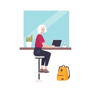 Cute smiling woman sitting at cafe and working on laptop computer. Funny young professional or female freelance worker at coffee shop. Busy girl. Flat modern cartoon colorful vector illustration