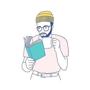 Cute smart bearded guy with glasses holding mug, drinking coffee and reading book. Portrait of thoughtful student or literature reader isolated on white . Hand drawn vector illustration