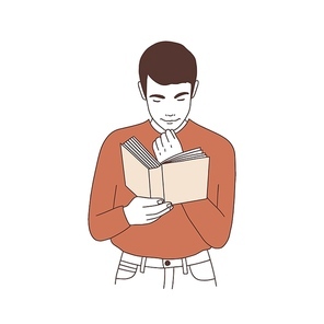 Adorable thoughtful young man reading book or preparing for examination. Portrait of pensive student or literature reader isolated on white . Realistic hand drawn vector illustration