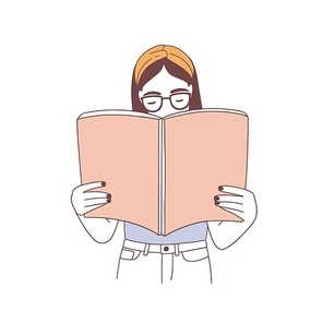 Pensive hipster girl in glasses reading book or preparing for examination. Portrait of thoughtful female student with textbook isolated on white . Realistic hand drawn vector illustration