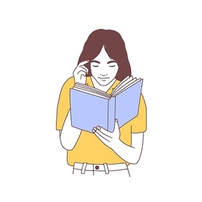 Adorable young woman reading book or preparing for exam. Hand drawn portrait of pensive girl, student or pupil with textbook isolated on white . Realistic colorful vector illustration