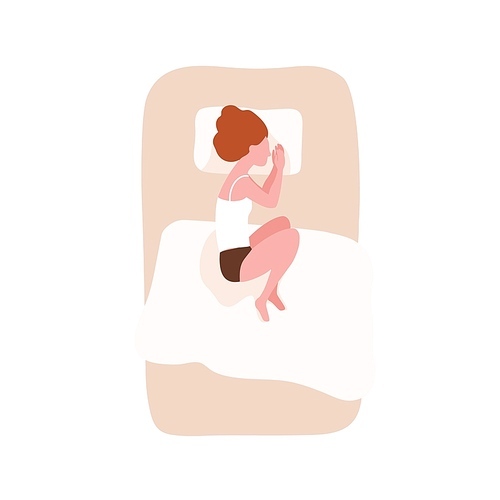 Young woman lying in bed and sleeping in fetal position. Female cartoon character relaxing during night slumber. Cute girl resting or reposing. Top view. Flat cartoon colorful vector illustration