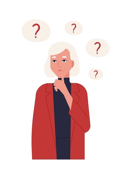 Portrait of cute blonde girl in jacket thinking or reflecting isolated on white . Young woman surrounded by thought bubbles with question marks. Flat cartoon colorful vector illustration