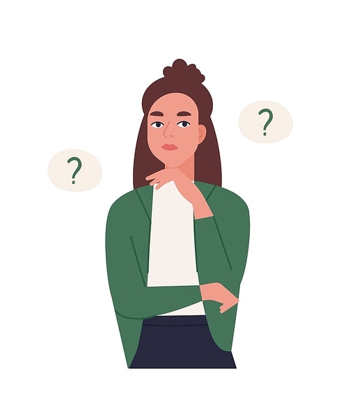 Curious young woman solving problem. Pensive or thinking girl surrounded by thought balloons with interrogation points. Female character asking questions. Flat cartoon colorful vector illustration