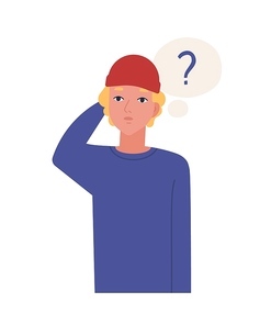 Cute pensive teenage boy isolated on white . Funny thoughtful guy in hat and thought balloon with interrogation point. Young man thinking or contemplating. Flat cartoon vector illustration