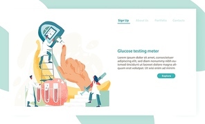 Web banner template with doctors or physicians holding blood tester. Medical device for glucose testing. Modern flat vector illustration for advertisement of health monitoring or laboratory service