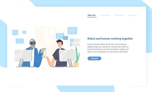Landing page template with funny robot and man sitting at computers and working together at office. Cooperation and support between human and android. Modern flat vector illustration for website