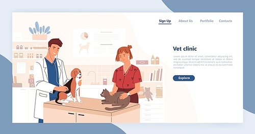 Landing page template with pair of smiling veterinarians holding cat and dog. Flat cartoon vector illustration for veterinary clinic advertisement, promo of domestic animals healthcare service