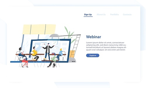 Landing page template with people sitting in front of lecturer displaying on screen of giant laptop. Webinar, online course, internet education. Modern flat vector illustration for advertisement