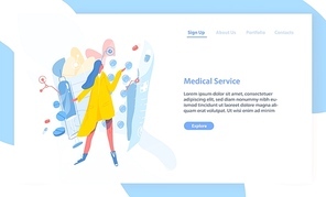 Landing page template with girl standing against blisters with pills, drugs, tablets or medications. Modern flat vector illustration for advertisement of online pharmacy, internet healthcare service