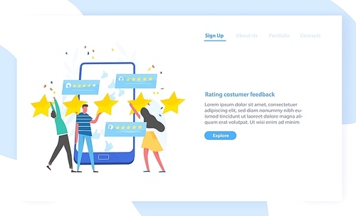 Website template with people leaving five star rating and giant smartphone. Customer experience, positive feedback, service review or evaluation. Modern flat vector illustration for advertisement