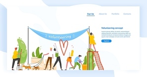 Landing page template with group of men and women taking part in volunteer organization or movement, volunteering or performing altruistic activities together. Modern flat vector illustration