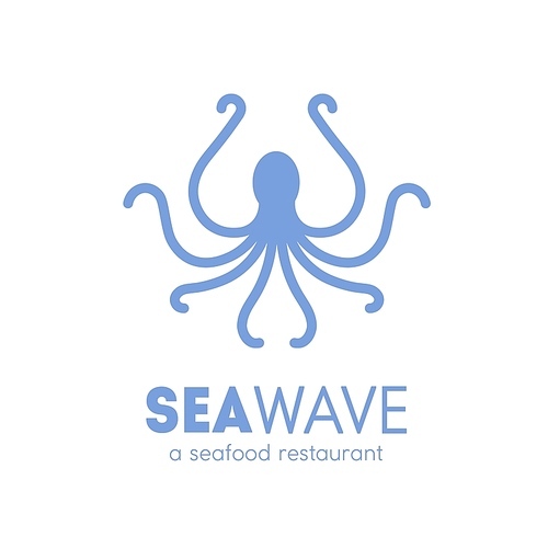 Logotype for seafood restaurant with octopus silhouette isolated on white . Logo with marine animal, mollusc, sea creature, underwater inhabitant. Monochrome simple vector illustration