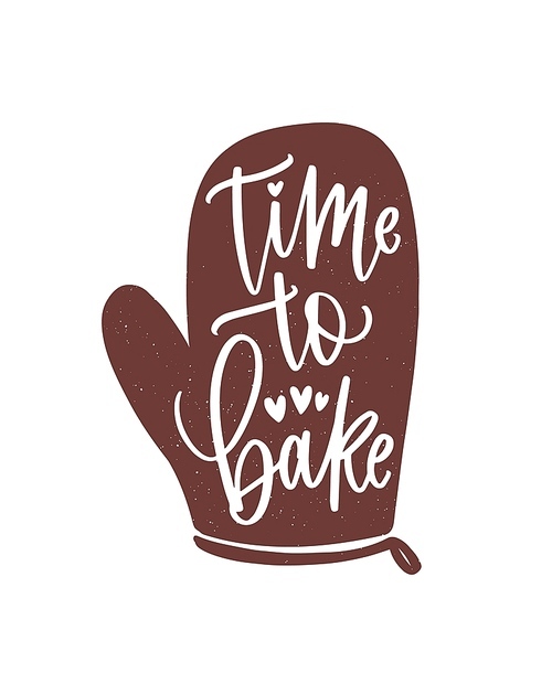 Time To Bake slogan or phrase handwritten with cursive calligraphic font on oven glove or mitt. Elegant lettering and tool for food preparation. Hand drawn monochrome decorative vector illustration