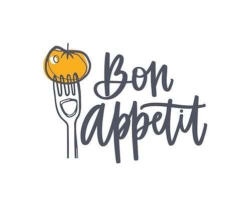 Bon Appetit phrase handwritten with cursive calligraphic font and decorated by tomato on fork. Elegant lettering and food isolated on white . Hand drawn realistic vector illustration
