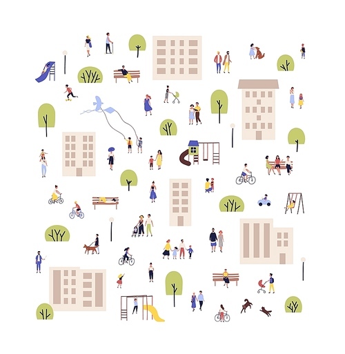 People walking with children or dogs, riding bikes, sitting on bench in city suburbs or outskirts. Cartoon men and women performing outdoor activities on suburban street. Flat vector illustration