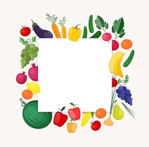 Square background or banner template with frame made of fresh organic locally grown fruits and vegetables. Colorful vector illustration for harvest festival, local farmer's market, fair advertisement