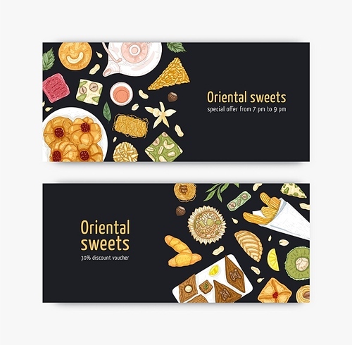bundle of  or voucher templates with sweet oriental desserts on plates. traditional tasty confections, delicious pastry. elegant realistic vector illustration for confectionery advertisement