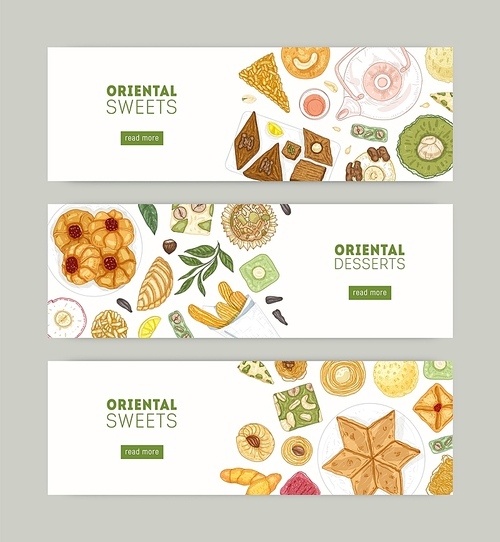 Collection of web banner templates with oriental sweets on plates and place for text. Traditional pastry food, delicious confections on white background. Hand drawn realistic vector illustration
